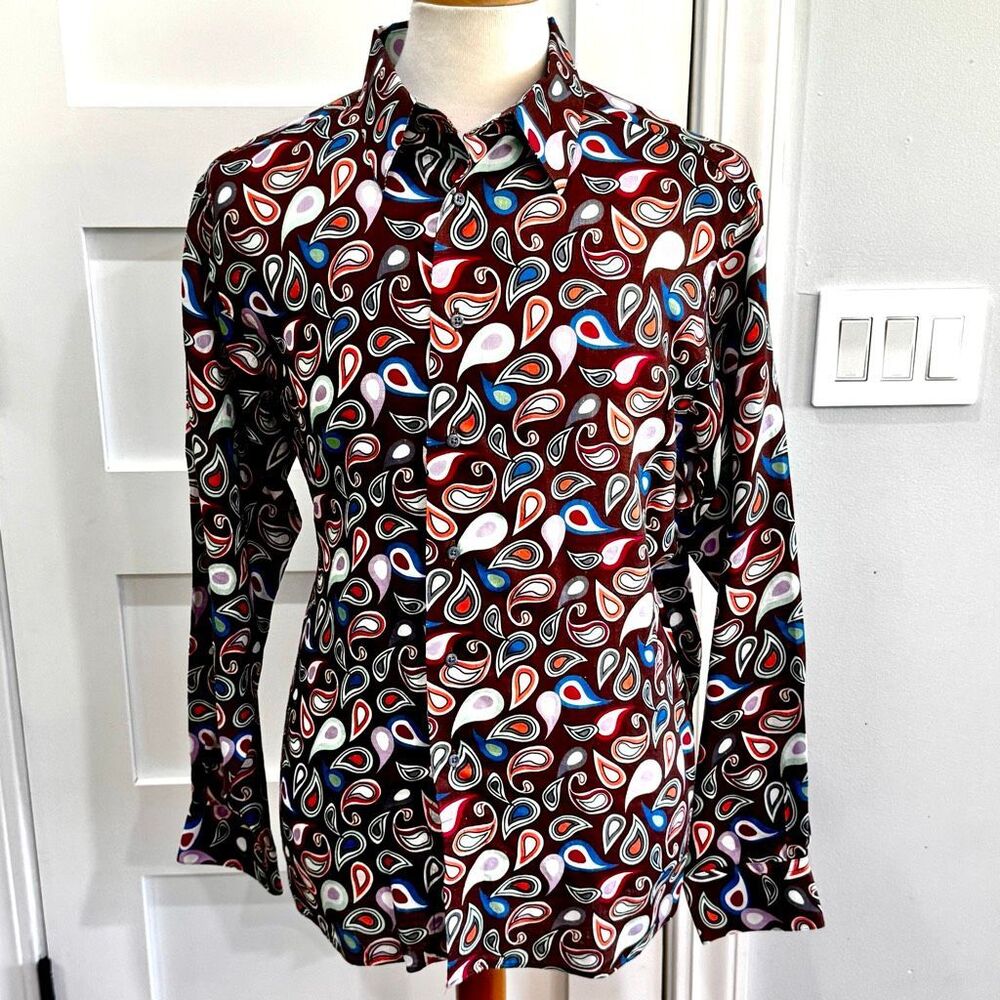 Paul Fredrick 100% Linen Long Sleeve Shirt. Size Large. Brown base.